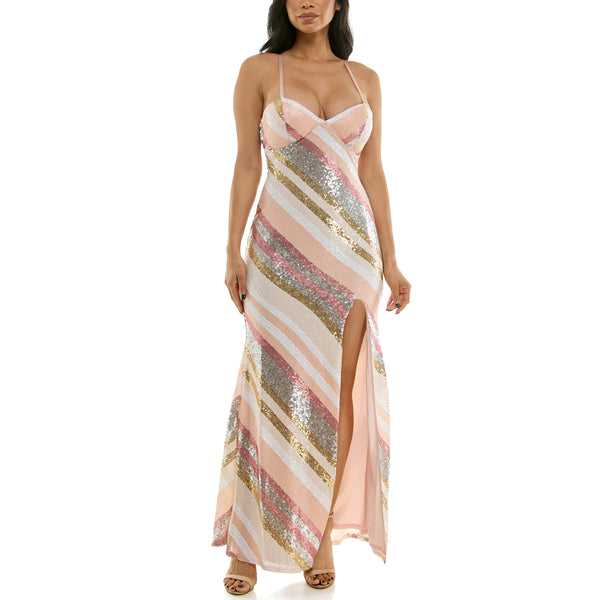 Gabby Skye VIOLET WEEKEND JUNIORS' STRIPED SEQUIN LACE UP BACK GOWN PINK BLUSH