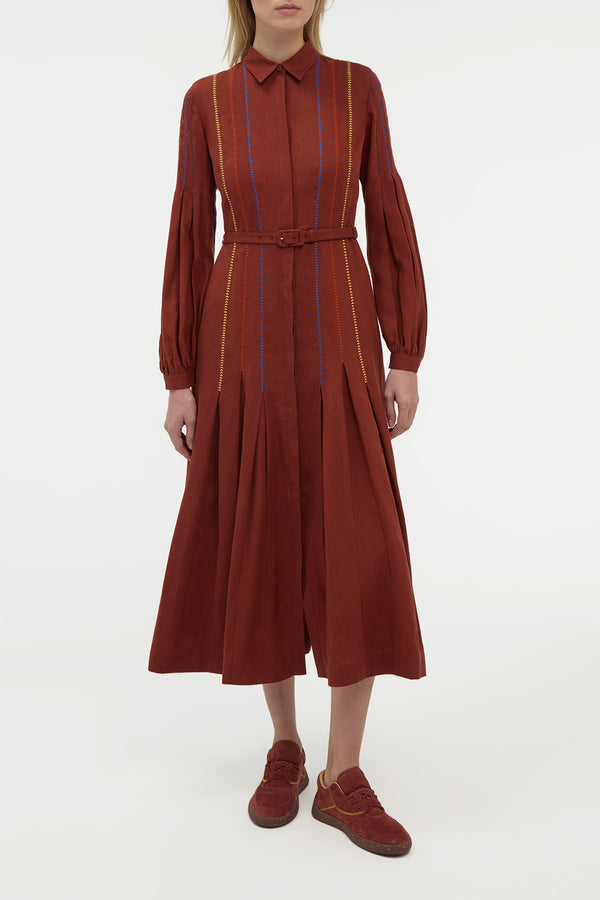 Gabriela Hearst Aleka Pleated Midi Shirtdress In Burnt Sienna Multi Aloe Linen