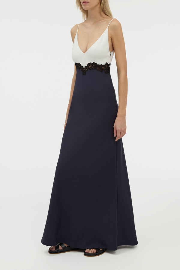 Gabriela Hearst Amaryllis Lace Maxi Dress In Dark Navy Silk Wool Cady