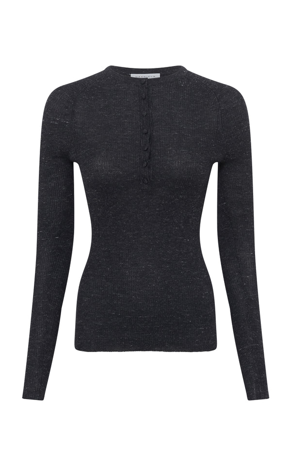 gabriela hearst Anges Knit Henley in Black Cashmere Silk with Hemp
