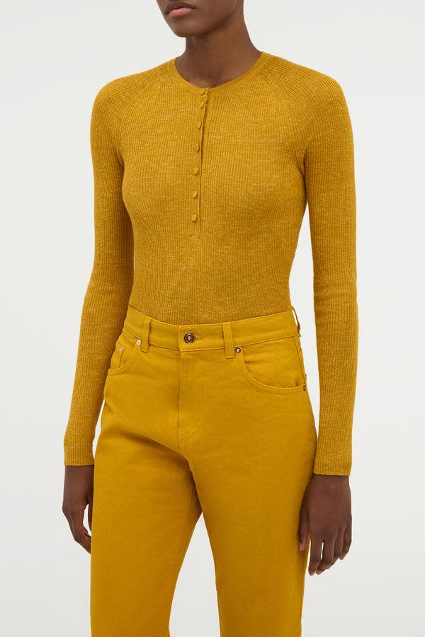 Gabriela Hearst Anges Knit Henley In Golden Birch Cashmere Silk With Hemp