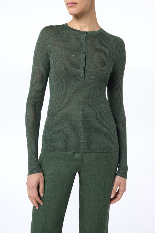Gabriela Hearst Anges Knit Henley In Olive Cashmere Silk With Hemp