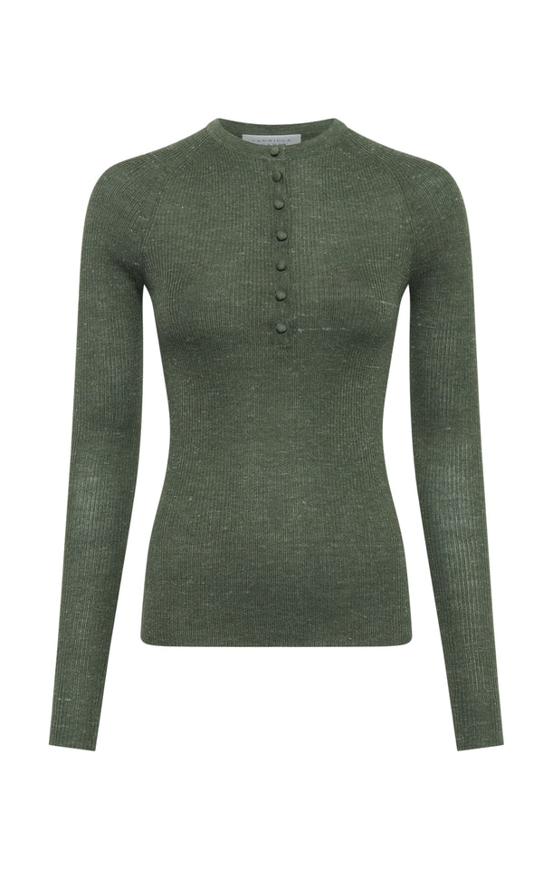 gabriela hearst Anges Knit Henley in Olive Cashmere Silk with Hemp