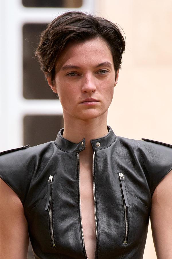 Gabriela Hearst Athena Moto Midi Dress In Black Leather & Ivory Metallic Crinkled Silk