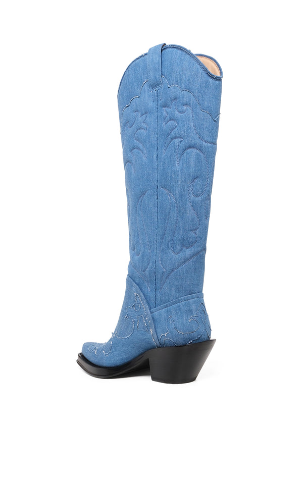 Gabriela Hearst Capitana Cowboy Boot In Light Blue Recycled Cotton Linen Denim
