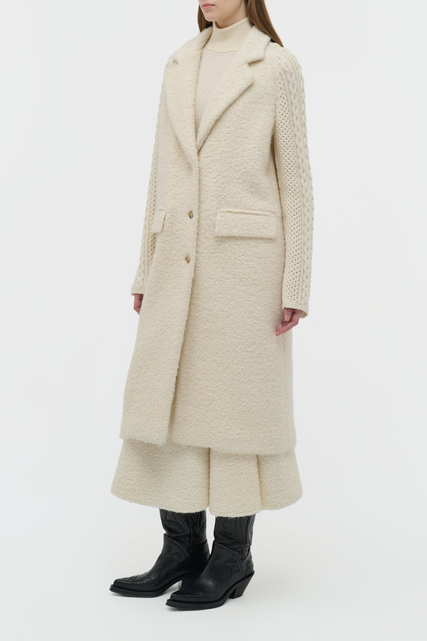 Gabriela Hearst Charles Coat In Ivory Recycled Cashmere Boucle With Cable-knit Sleeves
