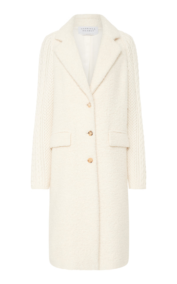 gabriela hearst Charles Coat in Ivory Recycled Cashmere Boucle with Cable-knit Sleeves