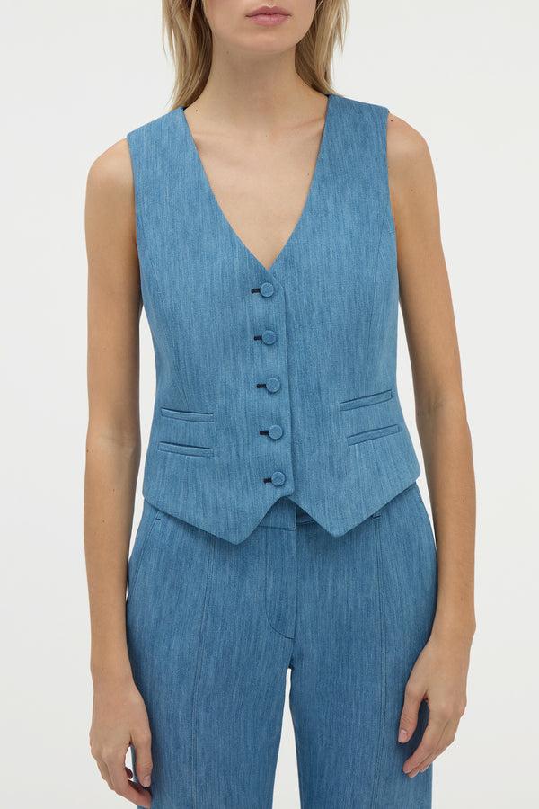 Gabriela Hearst Coleridge Vest In Medium Blue Recycled Cotton Linen Denim