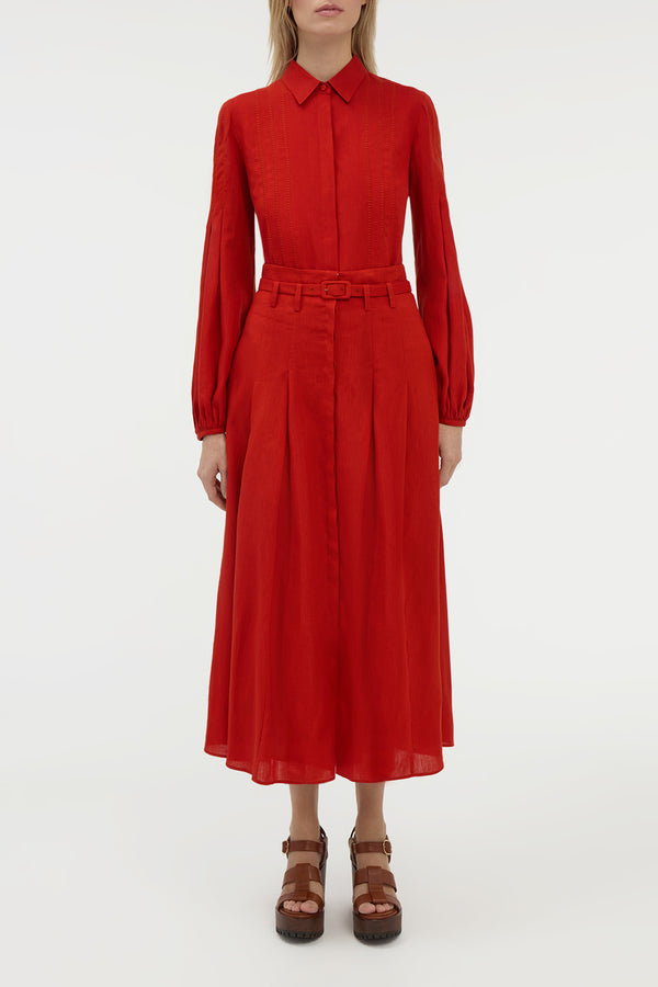 Gabriela Hearst Dugald Pleated Midi Skirt In Antelope Orange Aloe Linen