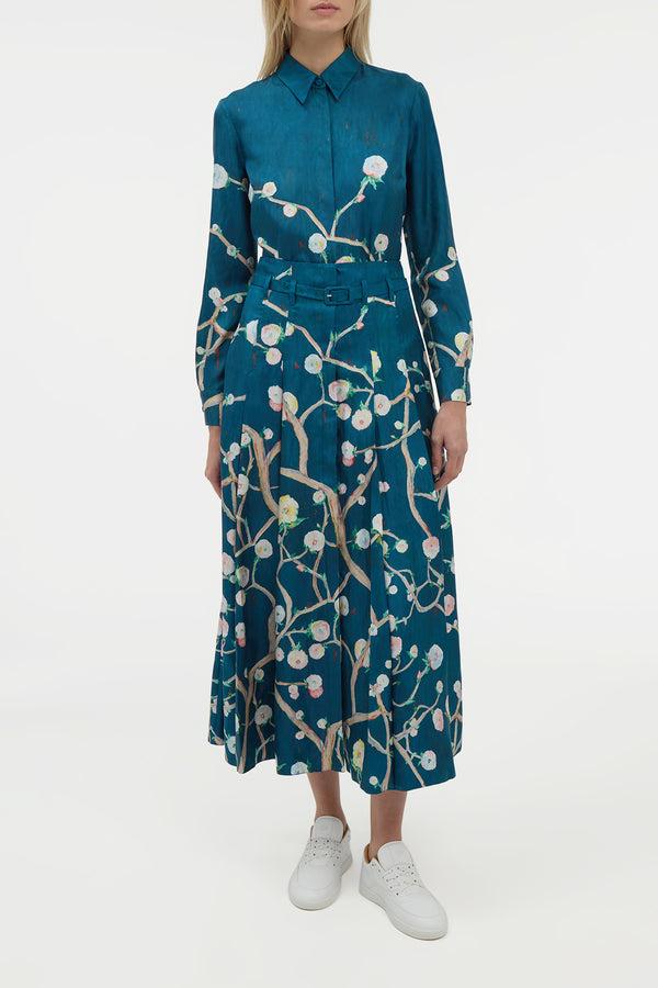 Gabriela Hearst Dugald Pleated Midi Skirt In Blue Multi Printed Silk Twill