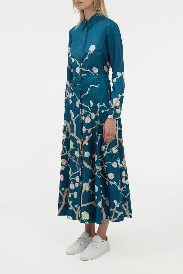 Gabriela Hearst Dugald Pleated Midi Skirt In Blue Multi Printed Silk Twill