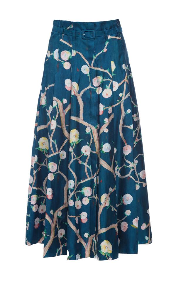 gabriela hearst Dugald Pleated Midi Skirt in Blue Multi Printed Silk Twill gabriela hearst Dugald Pleated Midi Skirt in Blue Multi Printed Silk Twill