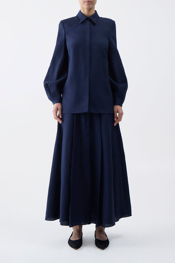 Gabriela Hearst Dugald Pleated Midi Skirt In Navy Aloe Linen