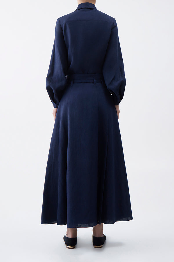 Gabriela Hearst Dugald Pleated Midi Skirt In Navy Aloe Linen