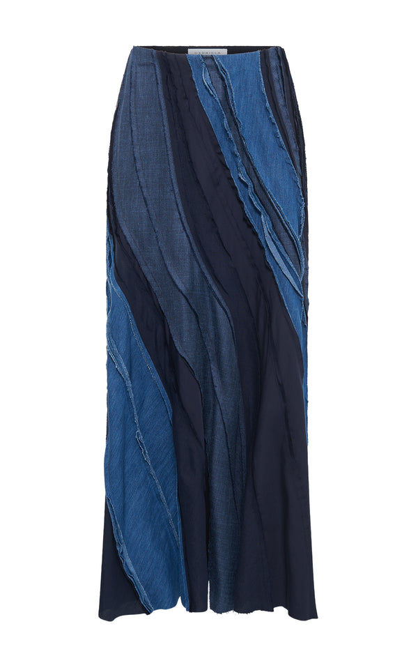 gabriela hearst Elora Patchwork Midi Skirt in Medium Blue Recycled Cotton Linen Denim