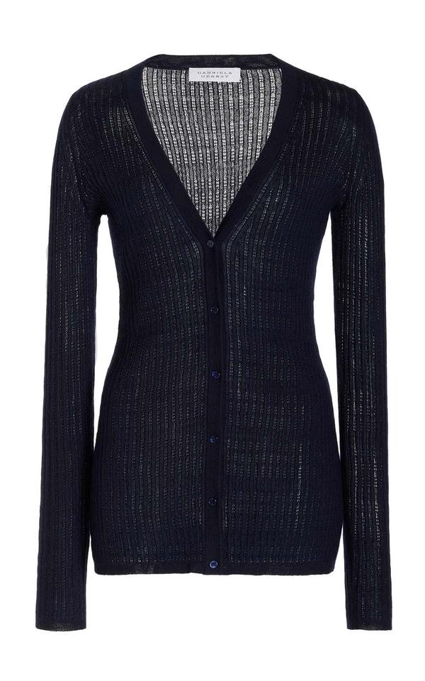 gabriela hearst Emma Pointelle Knit Cardigan in Dark Navy Cashmere Silk