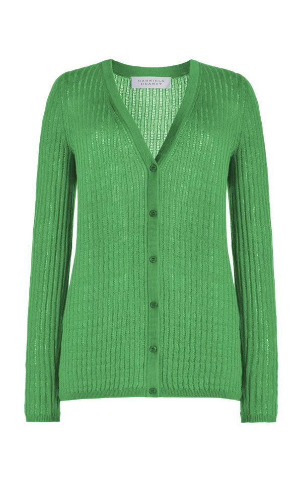 gabriela hearst Emma Pointelle Knit Cardigan in Peridot Green Cashmere Silk