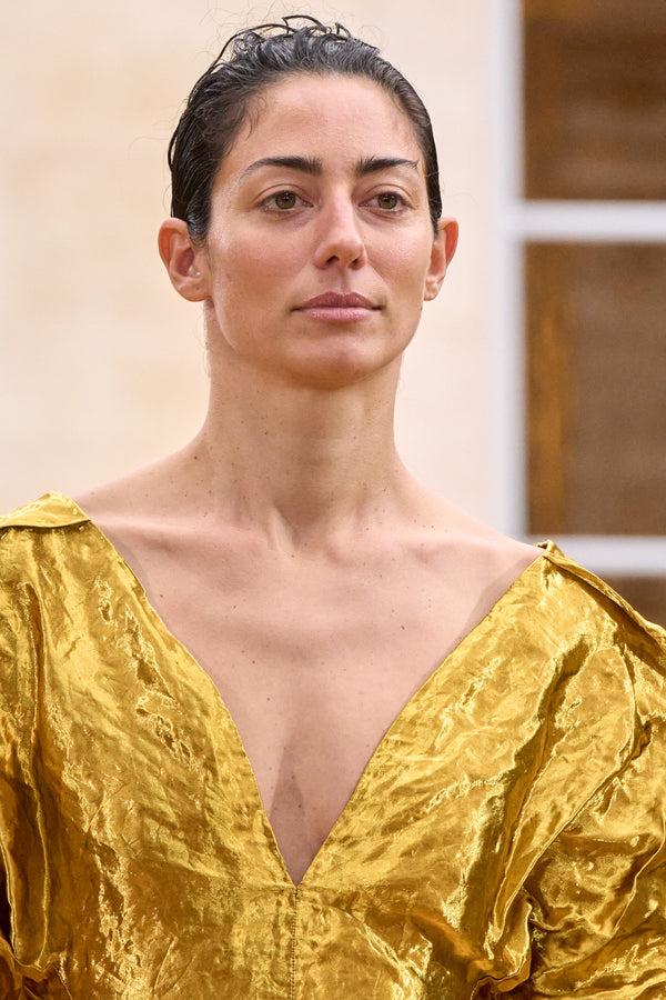 Gabriela Hearst Fides Midi Dress In Gold Metallic Silk