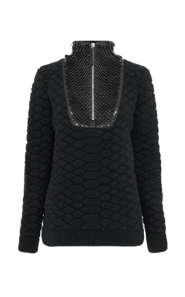 gabriela hearst Isha Knit Mock Funnel Neck in Black Nappa Leather Snake Scales & Cashmere