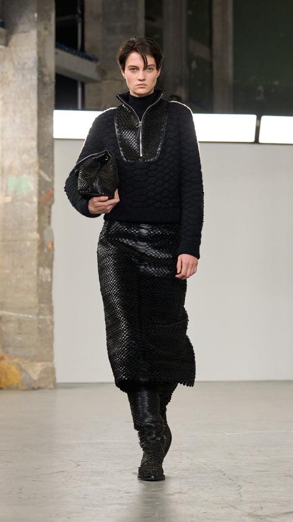 Gabriela Hearst Isha Knit Mock Funnel Neck In Black Nappa Leather Snake Scales & Cashmere