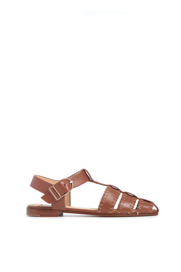gabriela hearst Lynn Flat Sandal in Cognac Nappa Leather with Stitch