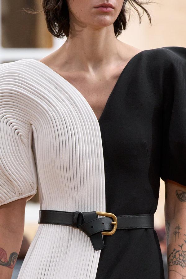 Gabriela Hearst Lysander Fringe Midi Dress In Ivory Nappa Leather & Black Wool Silk Cady