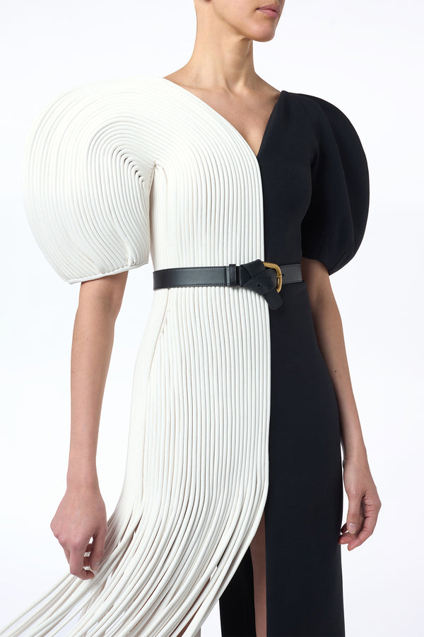 Gabriela Hearst Lysander Fringe Midi Dress In Ivory Nappa Leather & Black Wool Silk Cady