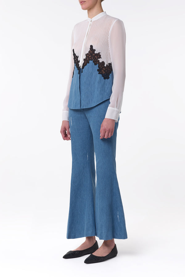 Gabriela Hearst Marsh Flare Cropped Pant In Light Blue Recycled Cotton Linen Denim