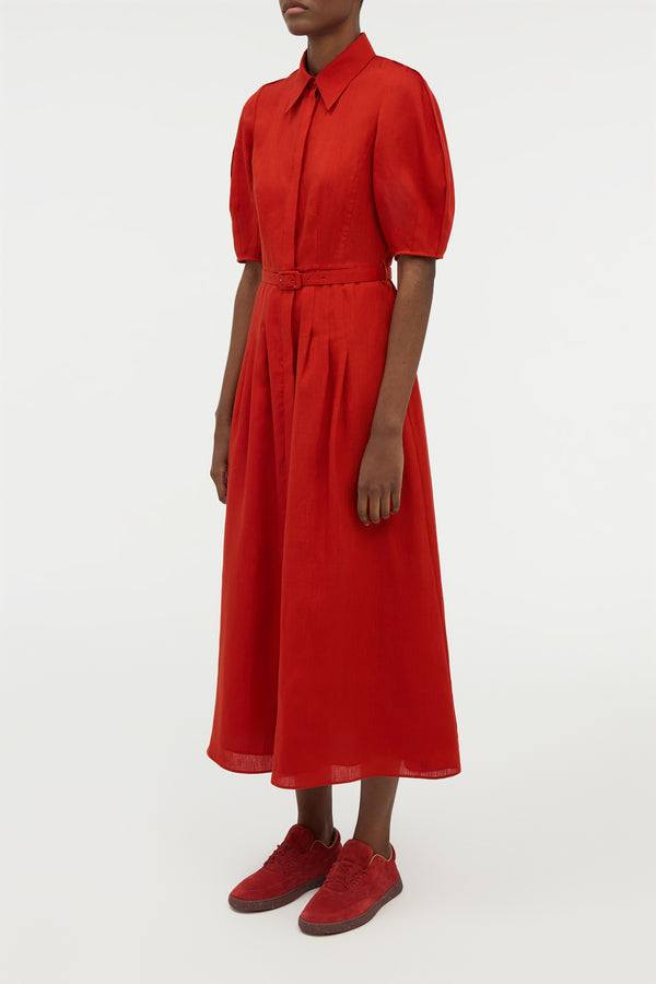 Gabriela Hearst Maude Pleated Midi Shirtdress In Antelope Orange Aloe Linen