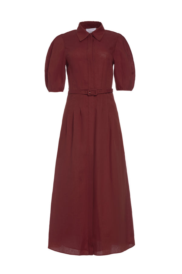 gabriela hearst Maude Pleated Midi Shirtdress in Burnt Sienna Aloe Linen