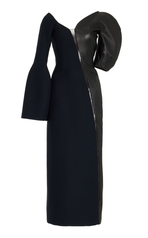 gabriela hearst Merlin Midi Dress in Black Wool Silk Cady and Nappa Leather