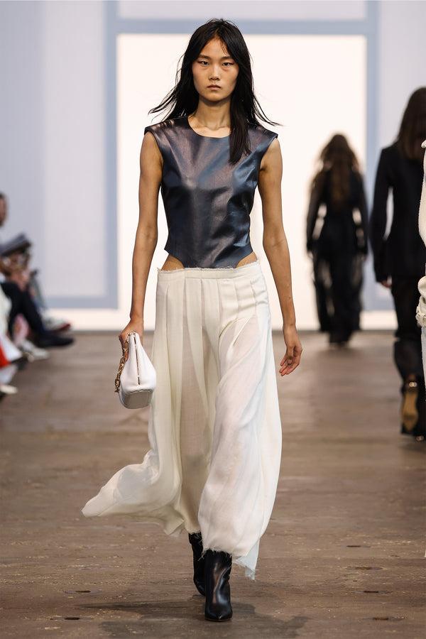 Gabriela Hearst Mina Pleated Maxi Dress In Black Metallic Nappa Leather & Ivory Virgin Wool Cashmere Gauze