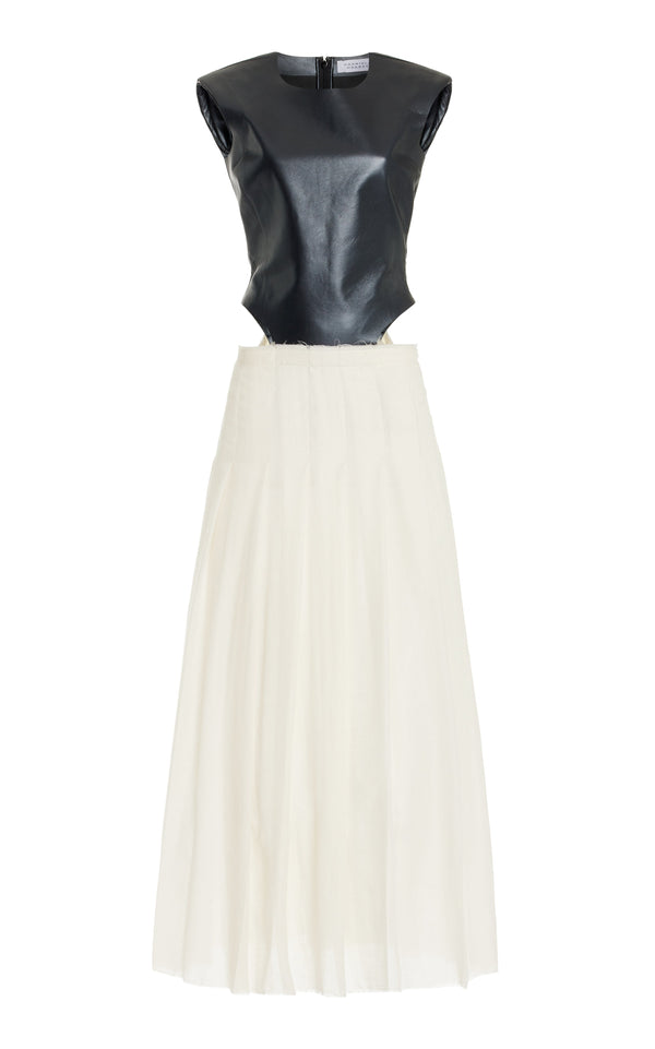 gabriela hearst Mina Pleated Maxi Dress in Black Metallic Nappa Leather & Ivory Virgin Wool Cashmere Gauze