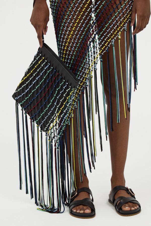 Gabriela Hearst Naila Fringe Pouch In Black Multi Nappa Leather & Silk Macrame