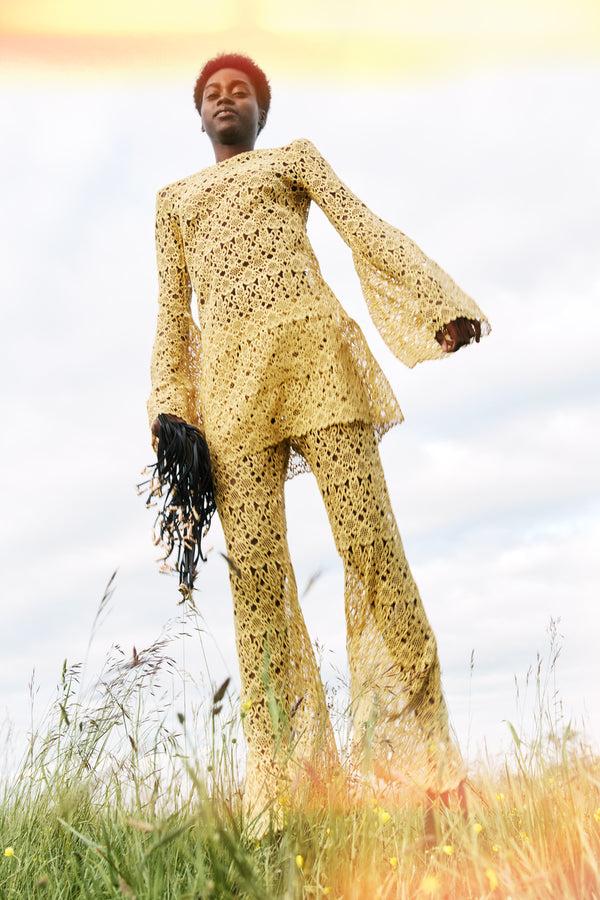 Gabriela Hearst Phoenix Flare Cropped Pant In Gold Silk Macrame Lace