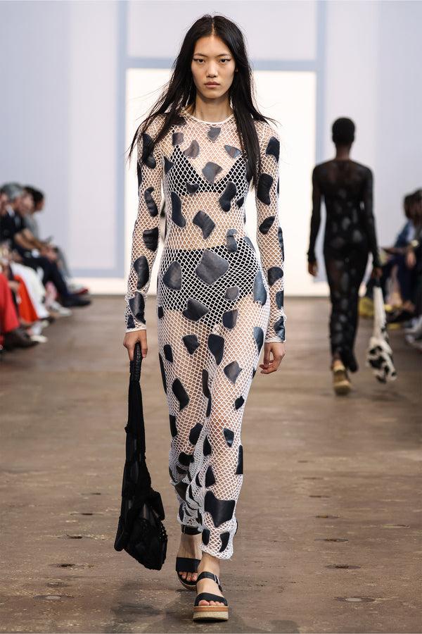 Gabriela Hearst Romeo Crochet Maxi Dress In White Merino Wool With Black Metallic Nappa Leather Patches