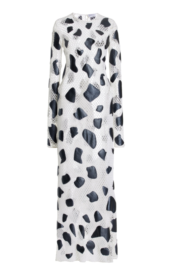 gabriela hearst Romeo Crochet Maxi Dress in White Merino Wool with Black Metallic Nappa Leather Patches