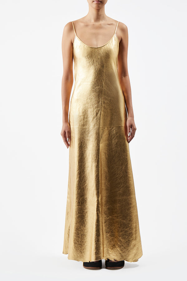 Gabriela Hearst Teles Slip Dress In Gold Metallic Nappa Leather