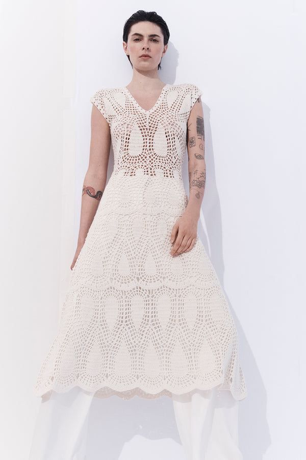 Gabriela Hearst Waldman Crochet Maxi Dress In Ivory Wool Cashmere