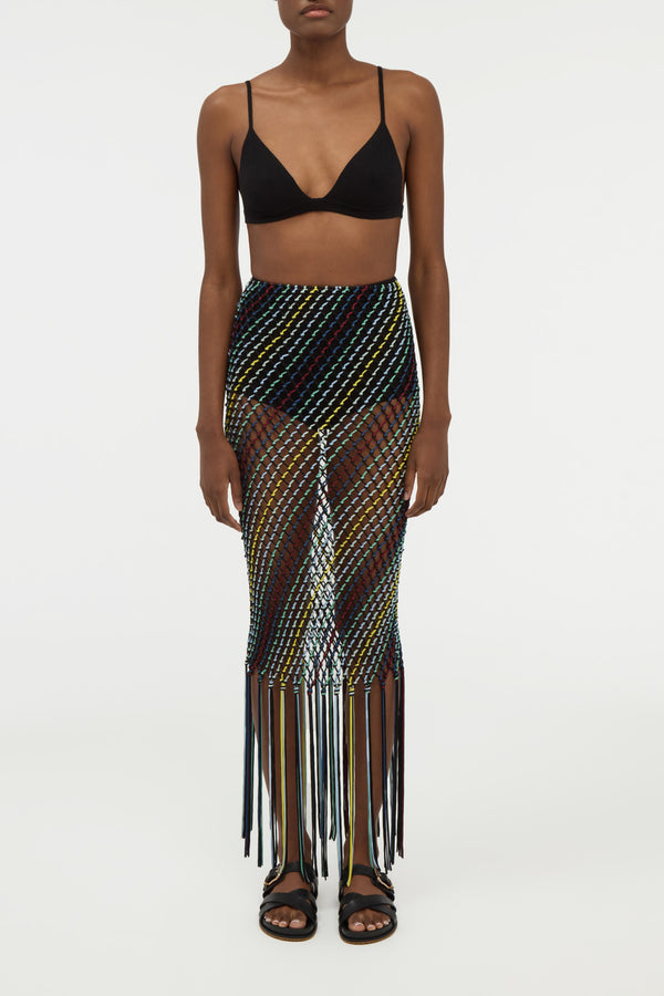 Gabriela Hearst Zana Fringe Macrame Maxi Skirt In Black Multi Silk