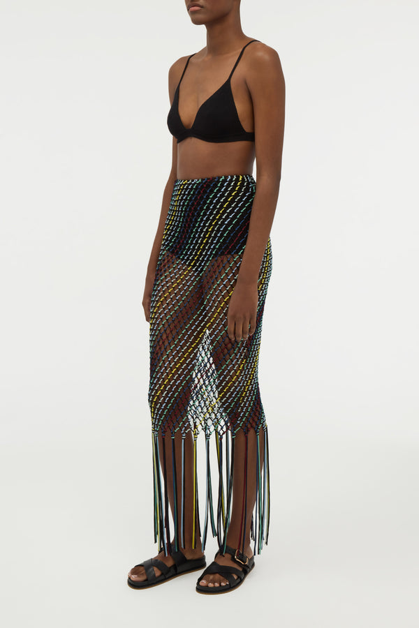 Gabriela Hearst Zana Fringe Macrame Maxi Skirt In Black Multi Silk