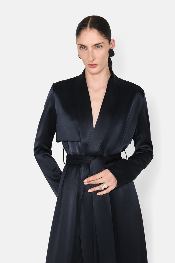 Galvan London SATIN TRENCH COAT - MIDNIGHT