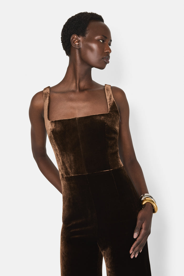 Galvan London VESPER JUMPSUIT - CHOCOLATE