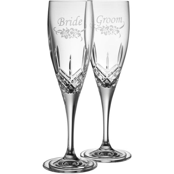 galway crystal Bride & Groom Floral Spray Flute Pair