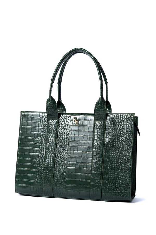 galway crystal XL Tote Forest Green Croc Detail