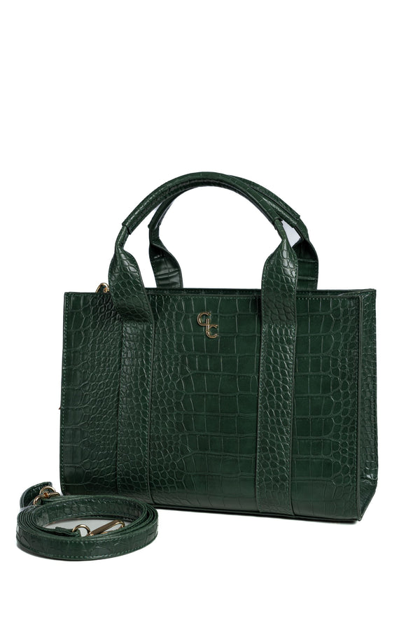 galway crystal Medium Tote - Forest Green Croc Detail