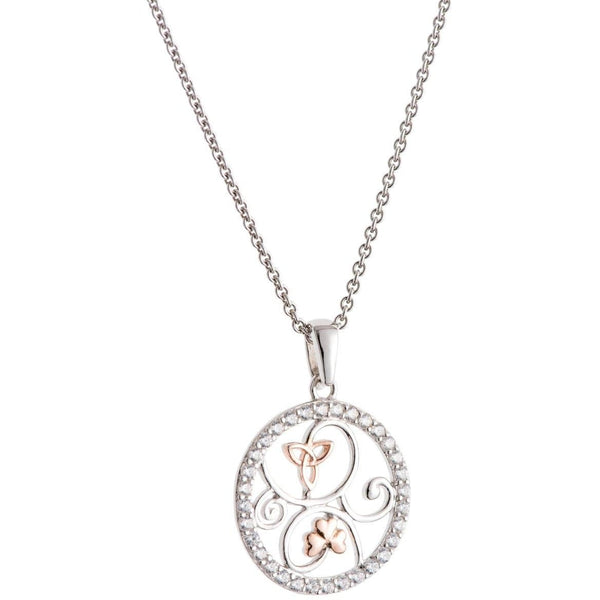 galway crystal Trinity Knots & Shamrocks Rose Gold & Silver Pendant