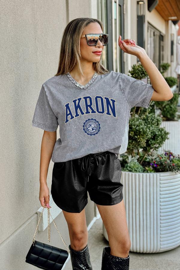 Gameday Couture AKRON ZIPS ICONIC EDGE RHINESTONE TRIM V-NECK TEE
