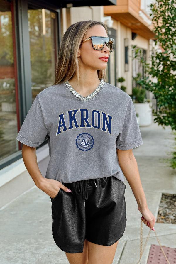 gameday couture AKRON ZIPS ICONIC EDGE RHINESTONE TRIM V-NECK TEE