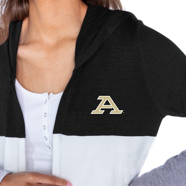 Gameday Couture AKRON ZIPS INSIGNIA WOMEN'S LIGHTWEIGHT LONG SLEEVE HOODED CARDIGAN WITH OPEN FRONT AND BOLD COLORBLOCK DETAIL